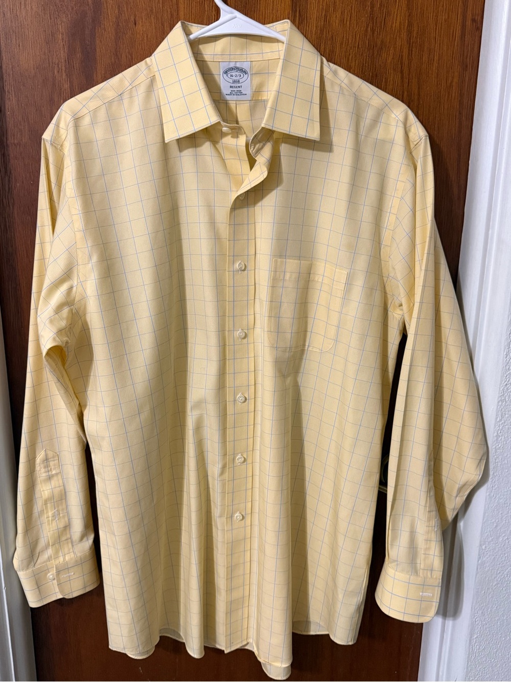 Brooks Brothers 1818 Regent Non-Iron Dress Shirt Yellow Blue Grid Size 16 2/3